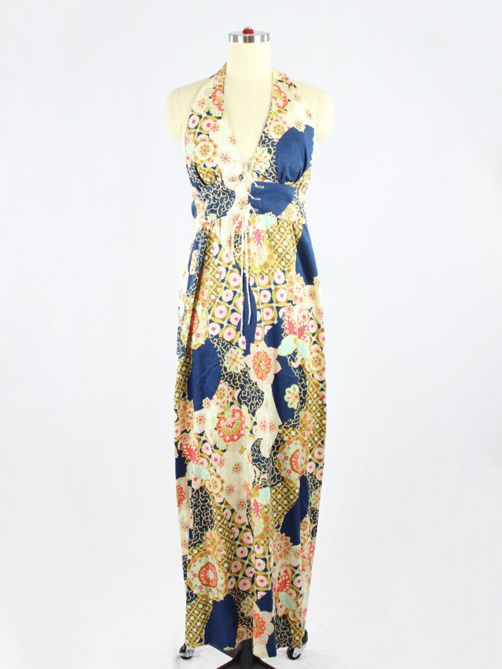 Vintage 60's FABULOUS LOUNGEWEAR Floral Lace Up Halter Maxi Dress, Size XS